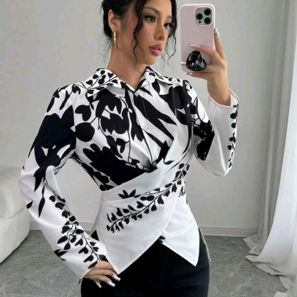 Ladies Positioned Floral Cinched Cinched Waist Cuff Long Sleeve Shir - Picture 4 of 4